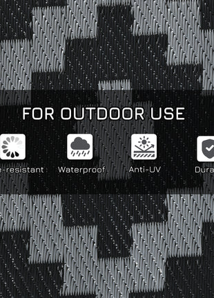 Reversible Outdoor Rug Carpet RV Camping Rugs with Carry Bag, 9' x 18', Black & Gray Geometric