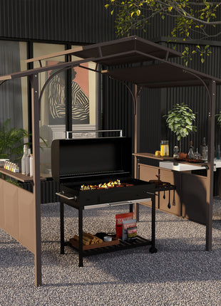 8'x5' BBQ Grill Gazebo, Outdoor Double Tiered Interlaced Polycarbonate Roof with Steel Frame, 2 Side Shelves, Brown