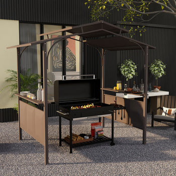 8'x5' BBQ Grill Gazebo, Outdoor Double Tiered Interlaced Polycarbonate Roof with Steel Frame, 2 Side Shelves, Brown