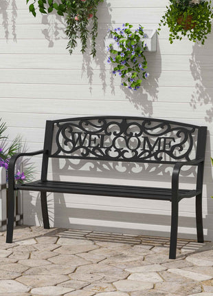 50" 2-Person Garden Bench Loveseat with Cast Iron Decorative Welcome Vines, Outdoor Patio Bench for Backyard, Porch, Entryway