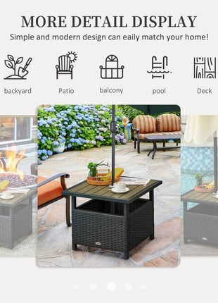 22" Outdoor Side Table with Umbrella Hole, Rattan Wicker End Table with Sand Bag and Steel Frame for Patio, Garden, Backyard, Black & Tan