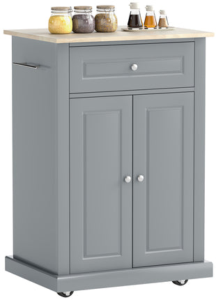 Rolling Kitchen Island Cart, Portable Serving Trolley Table with Drawer, Adjustable Shelf and 2 Towel Racks, Grey