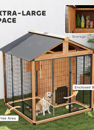 7' x 6' Extra Large Dog House, Wood Outdoor Dog Kennel with Storage Cabinet, Stainless Steel Bowls, Light Yellow
