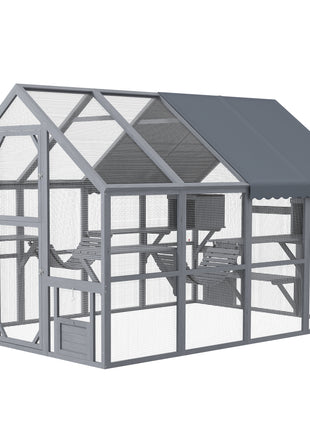 Wooden Catio Outdoor Cat Enclosure with Waterproof Cover, 2 Condos, 6 Platforms, Bridge, Doors, Gray