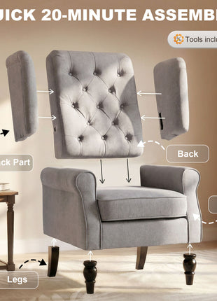 Mid-Century Modern Accent Chair, High Wingback Reading Chair, Button-Tufted Upholstered Fabric Armchair with Retro Wood Legs for Apartment, Living Room, Bedroom, Gray