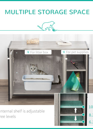 Large Wooden & Steel Cat Litter Box Enclosure, Kitten Washroom End Table, Indoor Hidden Cat House with Magnetic Doors & Storage Shelves, Gray