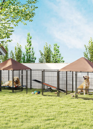 Large Outdoor Dog Kennel with 2 Rooms, Rotating & Adjustable Height Bowls, Waterproof & UV-Resistant Canopy