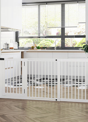 Freestanding Length Adjustable Wooden Pet Gate with Lockable Door 3 Panels, White
