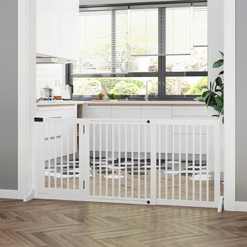 Freestanding Length Adjustable Wooden Pet Gate with Lockable Door 3 Panels, White