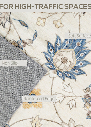 Machine Washable Area Rug 8x10, Non-Slip Boho Floral Print Floor Carpet for Living Room, Bedroom, Dining Room, Blue