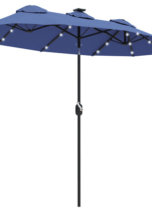 Double-sided Patio Umbrella, 9.7' Outdoor Umbrella with Tilt and Crank, LED Solar Light and 12 Ribs, Navy Blue