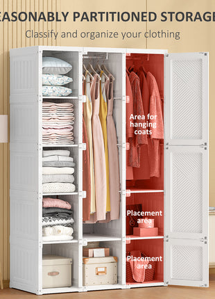 Portable Wardrobe Closet, Folding Clothes Storage Organizer with 8 Cube Compartments, 2 Hanging Rods, 11 Magnet Doors, White