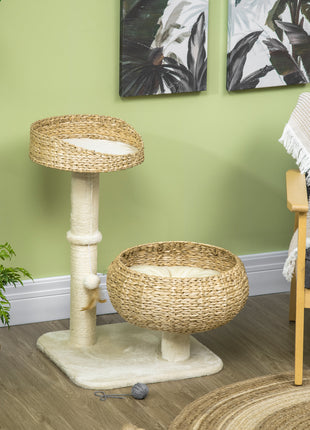 28" Elevated Cat Bed with Sisal Scratching Post for Indoor Kitties, Modern Cat Tree with Cute Basket Design, Small Cat Tree with Fun Ball Toy