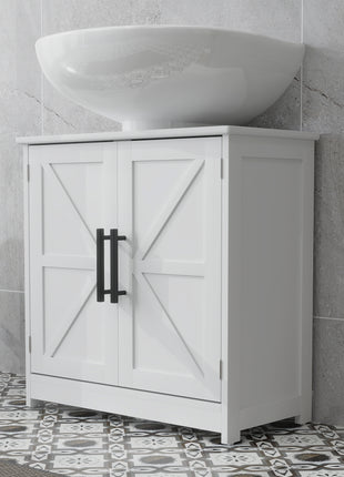 Farmhouse Pedestal Sink Storage Cabinet, Bathroom Sink Cabinet with 2 Barn Doors and Adjustable Shelf, White