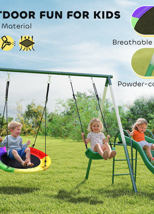 Metal Swing Set with Slide, Saucer Swing Seat, Heavy Duty A-Frame Stand and Adjustable Rope for Backyard, Dark Green