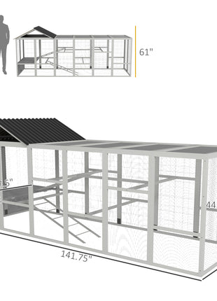 Wooden Chicken Coop Run for 6 - 10 Chickens, Hen House Add-On with Storage, Perches, 141.75" x 48" x 61", Gray