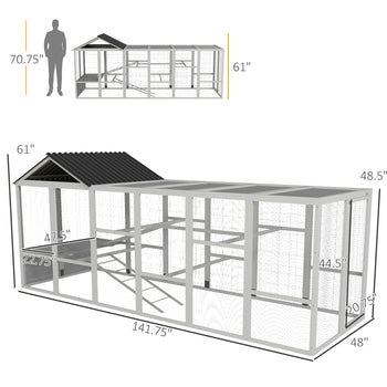 Wooden Chicken Coop Run for 6 - 10 Chickens, Hen House Add-On with Storage, Perches, 141.75" x 48" x 61", Gray