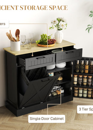 10 Gallon Farmhouse Kitchen Cabinet with Hidden Trash Can and 2 Drawers, Tilt Out Trash Can Cabinet for Kitchen, Black