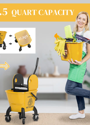 Mop Bucket with Wringer on Wheels for Floor Cleaning, 27.5 Quart Down Press Wringer with Handle and Mop, Yellow