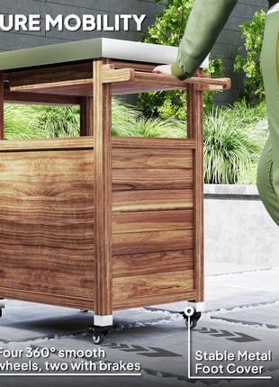 Outdoor Grill Cart with Stainless Steel Top, Solid Wood Outdoor Kitchen Island with Wheels, Drawer, Side Handle, Brown