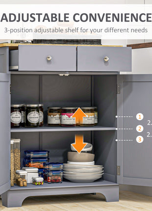 Kitchen Storage Cabinet, Sideboard Floor Cupboard with Solid Wood Top, Adjustable Shelf, and 2 Drawers, Gray