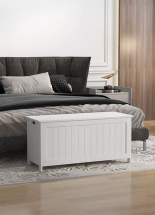 39.4" Storage Trunk w/ 2 Safety Hinges, Wooden Storage Bench w/ Side Handles, Storage Chest for Playroom, White