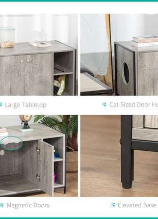 Large Wooden & Steel Cat Litter Box Enclosure, Kitten Washroom End Table, Indoor Hidden Cat House with Magnetic Doors & Storage Shelves, Gray