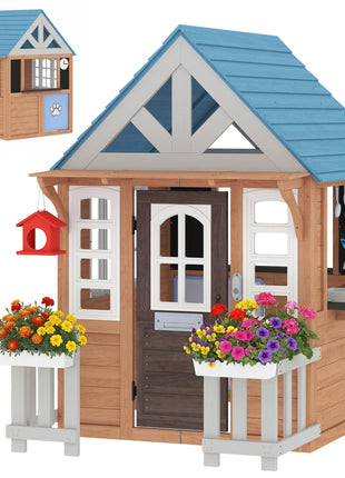 Wooden Kids Playhouse with Pet Door, Play Kitchen, Mailbox, Doorbell, Birdhouse, Fence and Windows for Pretend Play