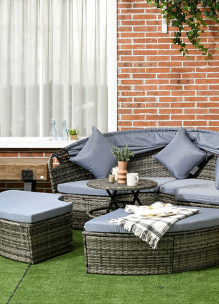 4 Piece Round Rattan Daybed, Convertible Patio Furniture Set, Adjustable Sun Canopy, Sectional Outdoor Sofa, 2 Chairs, Extending Tea Table Ottoman Chair, 3 Pillows, Light Gray