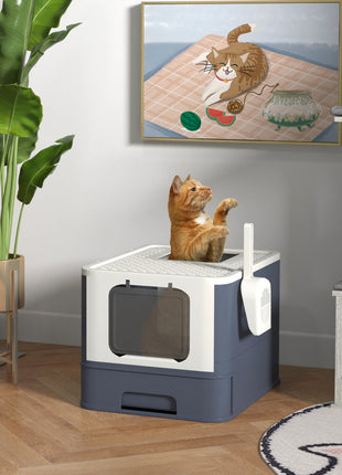 Cat Litter Box with Lid, Scoop, Front Entry, and Top Exit for Large Cats, White