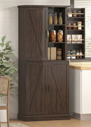 72" Tall Kitchen Pantry Cabinet, Farmhouse Storage Cabinet with 8 Door Racks and Adjustable Shelves, Brown
