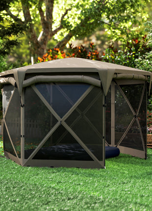 11 x 11ft Pop Up Gazebo Screen Tent with Removable Roof Cover, Roll-up Wind Panels for Camping, Backyard, Brown