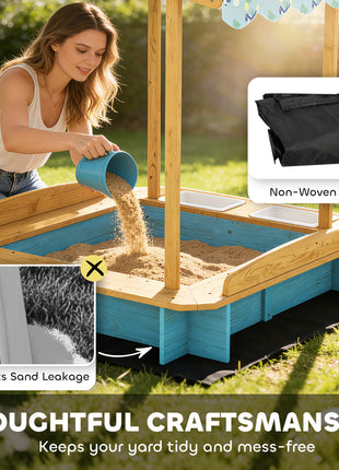 Wooden Sandbox with Dinosaur Print Canopy Kids Sandbox Outdoor with Bench Seats & 2 Storage Bins
