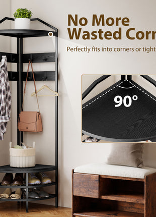 Corner Hall Tree, Industrial 4-Tier Coat Rack with Shoe Storage, 8 Movable Hooks and 2 Shelves for Hallway, Black