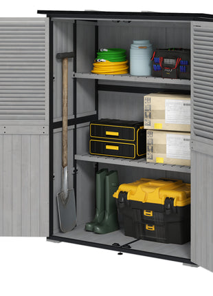 Wood Storage Shed, Outdoor Garden Shed with Asphalt Roof, 2 Shelves, Lockable Doors and Adjustable Feet, Gray