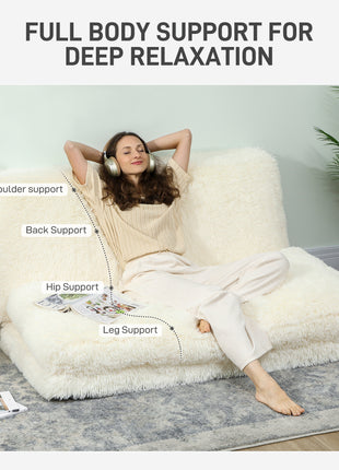 Bean Bag Floor Sofa Bed, Contemporary Plush Wide Folding Floor Mattress, Foam Filling Wall Couch Sleeper, Cream White