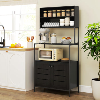 Baker's Rack with Power Outlet and Storage Shelves, Microwave Stand with Louvred Door Cabinets, Black