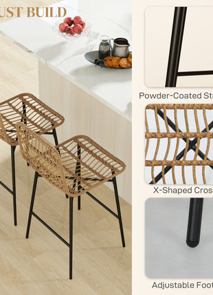 Rattan Counter Bar Stools Set of 2, 26" Counter Height Barstools with Back, Bar Chairs for Kitchen Island, Brown