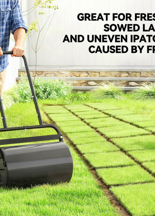 20-Inch Push/Tow Behind Lawn Roller Filled with 10 Gal Water or Sand for Flattening Sod in the Garden, Black