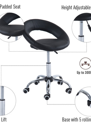 Crescent Rolling Salon Stool with Adjustable Height, Breathable Open Back, Foam Cushion Seat, and 5 Caster Wheels, Black