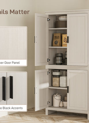 64" 4-Door Kitchen Pantry, Freestanding Storage Cabinet with 3 Adjustable Shelves for Kitchen, Antique White