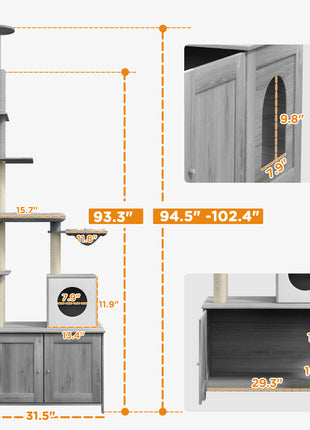 2 in 1 Floor to Ceiling Cat Tree with Litter Box Enclosure, Condo, Bed, Hammock, Scratching Posts, and Platforms, Gray