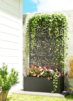 Metal Planter Box with Trellis, 71" Tall Raised Garden Bed with Privacy Screen and Drainage Holes, Banana-Leaf Cut-Outs