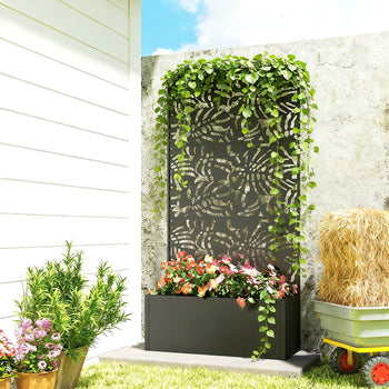 Metal Planter Box with Trellis, 71" Tall Raised Garden Bed with Privacy Screen and Drainage Holes, Banana-Leaf Cut-Outs