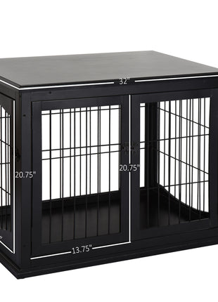 Dog Crate Furniture, 32" Small Dog Cage End Table with 2 Doors, Lockable Door, Puppy Kennel Indoor, Black