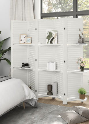 5 Panel 67" Tall Wood Privacy Screen Room Divider with 3 Shelves and Folding Storage for Bedroom, White