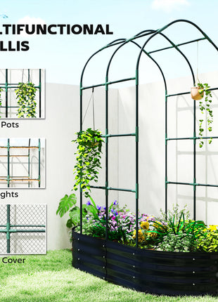 Galvanised Raised Garden Bed with Arched Trellis, 5 x 3 x 6ft Metal Outdoor Planter Box with Open Bottom, Dark Gray