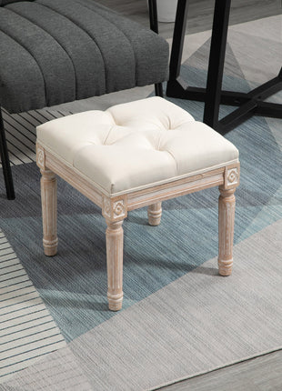 Ottoman Bench Vintage Footrest w/ Button Tufted Seat, Carved Wooden Legs, Beige