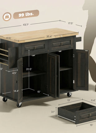 44" Mobile Kitchen Island Table, Kitchen Island Cart on Wheels with Storage Cabinets, 2 Drawers, Brown