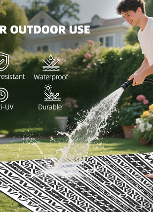 Reversible Outdoor Rug, Waterproof Plastic Straw with Carry Bag, 9' x 18', Black & White Geometric Wall